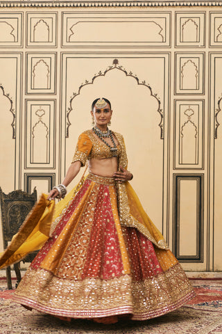 Lehenga Set for Indian Wedding - Multicolor Polki Rangmanch Brocade Lehenga Set with Organza Dupatta by Itrh at Mrs. G