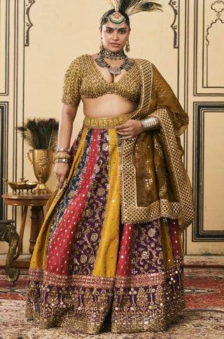 Lehenga Set for Indian Wedding - Multicolor Polki Rangotsav Brocade Lehenga Set with Organza Dupatta by Itrh at Mrs. G