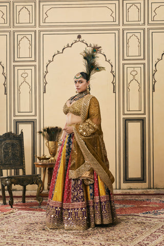 Lehenga Set for Indian Wedding - Multicolor Polki Rangotsav Brocade Lehenga Set with Organza Dupatta by Itrh at Mrs. G