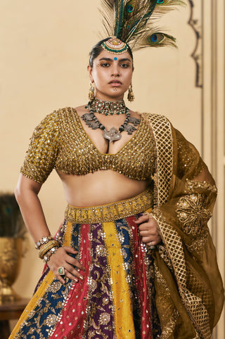 Lehenga Set for Indian Wedding - Multicolor Polki Rangotsav Brocade Lehenga Set with Organza Dupatta by Itrh at Mrs. G