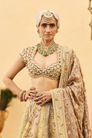 Lehenga Set for Indian Wedding - Multicolor Polki Pallavi Tissue Brocade Lehenga Set by Itrh at Mrs. G