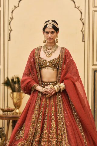 Bridal Lehenga for Indian Wedding - Red Polki Sindoori Raw Silk Lehenga Set by Itrh at Mrs. G