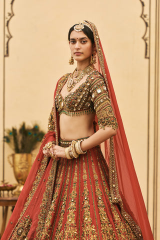 Bridal Lehenga for Indian Wedding - Red Polki Sindoori Raw Silk Lehenga Set by Itrh at Mrs. G