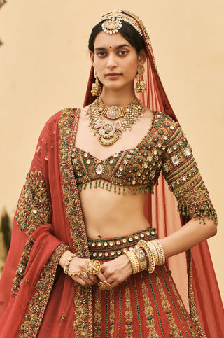 Bridal Lehenga for Indian Wedding - Red Polki Sindoori Raw Silk Lehenga Set by Itrh at Mrs. G