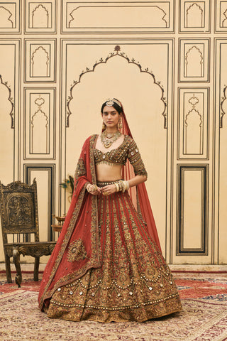 Bridal Lehenga for Indian Wedding - Red Polki Sindoori Raw Silk Lehenga Set by Itrh at Mrs. G