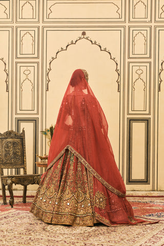 Bridal Lehenga for Indian Wedding - Red Polki Sindoori Raw Silk Lehenga Set by Itrh at Mrs. G