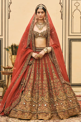 Bridal Lehenga for Indian Wedding - Red Polki Sindoori Raw Silk Lehenga Set by Itrh at Mrs. G