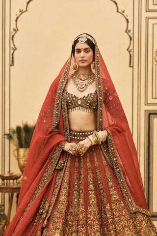 Bridal Lehenga for Indian Wedding - Red Polki Sindoori Raw Silk Lehenga Set by Itrh at Mrs. G