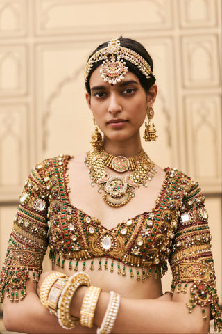 Bridal Lehenga for Indian Wedding - Red Polki Sindoori Raw Silk Lehenga Set by Itrh at Mrs. G