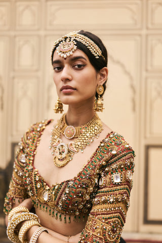 Bridal Lehenga for Indian Wedding - Red Polki Sindoori Raw Silk Lehenga Set by Itrh at Mrs. G