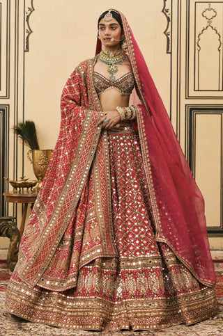 Lehenga Set for Indian Wedding - Pink Polki Gulabi Bandhej Georgette Lehenga Set by Itrh at Mrs. G