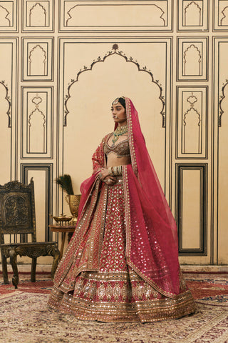 Lehenga Set for Indian Wedding - Pink Polki Gulabi Bandhej Georgette Lehenga Set by Itrh at Mrs. G