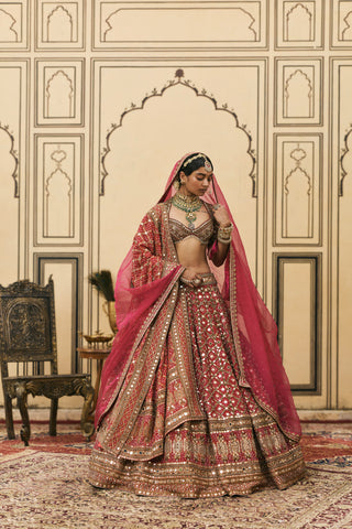 Lehenga Set for Indian Wedding - Pink Polki Gulabi Bandhej Georgette Lehenga Set by Itrh at Mrs. G
