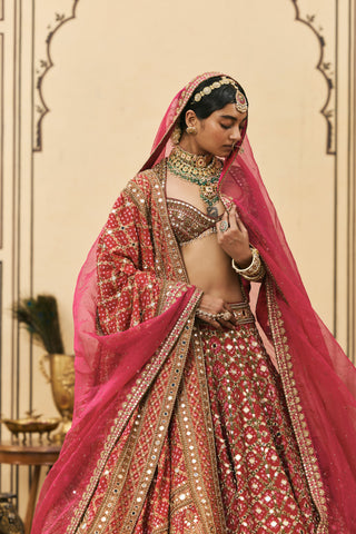 Lehenga Set for Indian Wedding - Pink Polki Gulabi Bandhej Georgette Lehenga Set by Itrh at Mrs. G