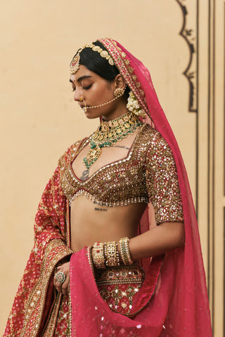 Lehenga Set for Indian Wedding - Pink Polki Gulabi Bandhej Georgette Lehenga Set by Itrh at Mrs. G
