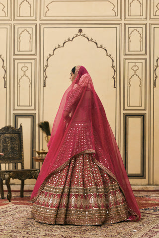 Lehenga Set for Indian Wedding - Pink Polki Gulabi Bandhej Georgette Lehenga Set by Itrh at Mrs. G