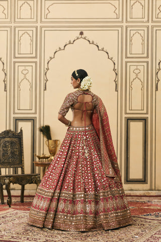 Lehenga Set for Indian Wedding - Pink Polki Gulabi Bandhej Georgette Lehenga Set by Itrh at Mrs. G
