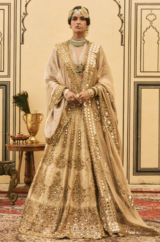 Lehenga Set for Indian Wedding - Gold Polki Sunehra Tissue Lehenga Set by Itrh at Mrs. G