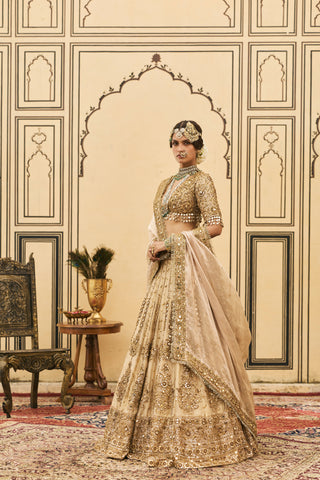 Lehenga Set for Indian Wedding - Gold Polki Sunehra Tissue Lehenga Set by Itrh at Mrs. G