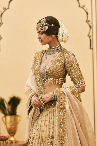 Lehenga Set for Indian Wedding - Gold Polki Sunehra Tissue Lehenga Set by Itrh at Mrs. G