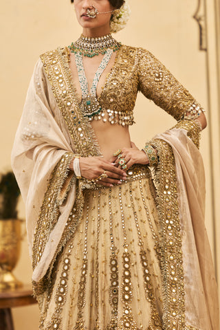 Lehenga Set for Indian Wedding - Gold Polki Sunehra Tissue Lehenga Set by Itrh at Mrs. G