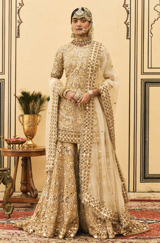 Garara Set for Indian Wedding - Beige Polki Fawn Organza Garara Set by Itrh at Mrs. G