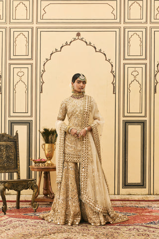 Garara Set for Indian Wedding - Beige Polki Fawn Organza Garara Set by Itrh at Mrs. G