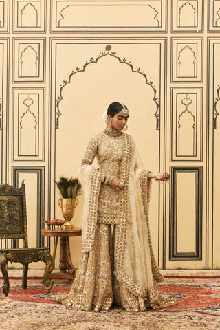 Garara Set for Indian Wedding - Beige Polki Fawn Organza Garara Set by Itrh at Mrs. G