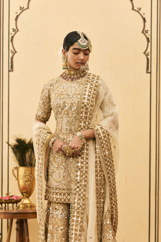 Garara Set for Indian Wedding - Beige Polki Fawn Organza Garara Set by Itrh at Mrs. G