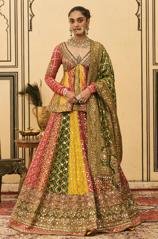 Lehenga Set for Indian Wedding - Multicolor Polki Rangeen Bandhani Lehenga Set by Itrh at Mrs. G