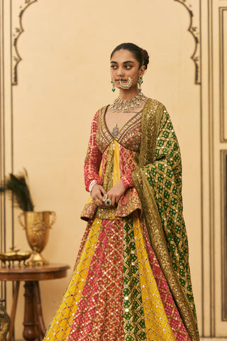Lehenga Set for Indian Wedding - Multicolor Polki Rangeen Bandhani Lehenga Set by Itrh at Mrs. G