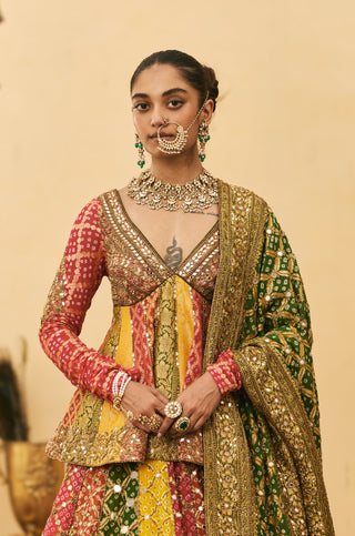 Lehenga Set for Indian Wedding - Multicolor Polki Rangeen Bandhani Lehenga Set by Itrh at Mrs. G