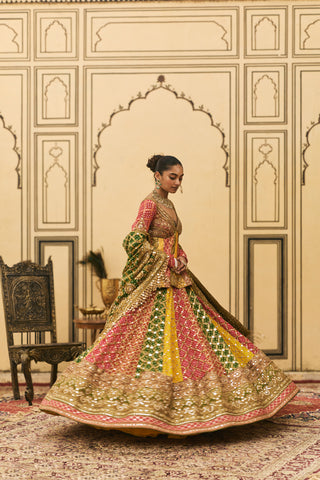 Lehenga Set for Indian Wedding - Multicolor Polki Rangeen Bandhani Lehenga Set by Itrh at Mrs. G