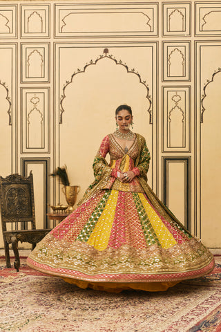 Lehenga Set for Indian Wedding - Multicolor Polki Rangeen Bandhani Lehenga Set by Itrh at Mrs. G