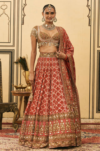 Lehenga Set for Indian Wedding - Red Polki Bandhani Lehenga Set by Itrh at Mrs. G