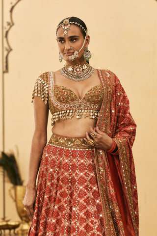 Lehenga Set for Indian Wedding - Red Polki Bandhani Lehenga Set by Itrh at Mrs. G