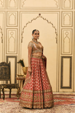 Lehenga Set for Indian Wedding - Red Polki Bandhani Lehenga Set by Itrh at Mrs. G