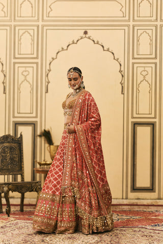 Lehenga Set for Indian Wedding - Red Polki Bandhani Lehenga Set by Itrh at Mrs. G