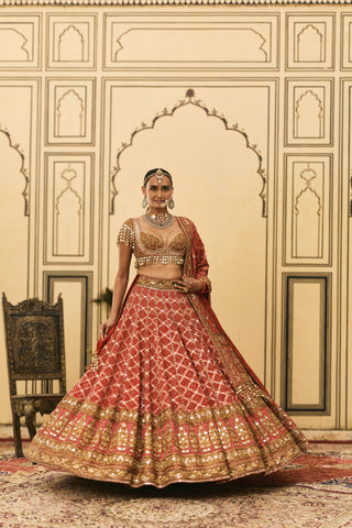 Lehenga Set for Indian Wedding - Red Polki Bandhani Lehenga Set by Itrh at Mrs. G
