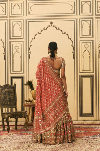 Lehenga Set for Indian Wedding - Red Polki Bandhani Lehenga Set by Itrh at Mrs. G