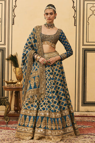 Lehenga Set for Indian Wedding - Blue Polki Bandhani Lehenga Set by Itrh at Mrs. G