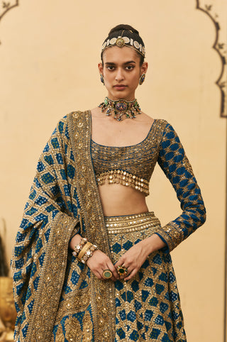 Lehenga Set for Indian Wedding - Blue Polki Bandhani Lehenga Set by Itrh at Mrs. G