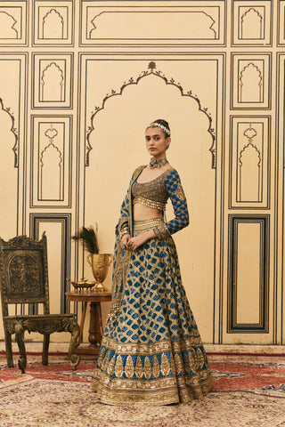 Lehenga Set for Indian Wedding - Blue Polki Bandhani Lehenga Set by Itrh at Mrs. G