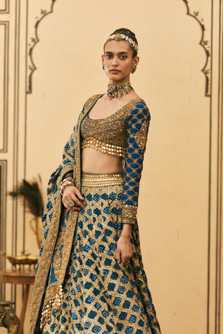 Lehenga Set for Indian Wedding - Blue Polki Bandhani Lehenga Set by Itrh at Mrs. G