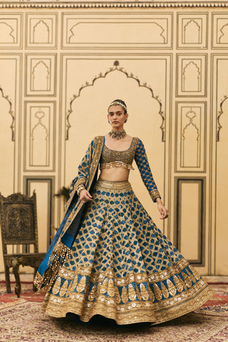 Lehenga Set for Indian Wedding - Blue Polki Bandhani Lehenga Set by Itrh at Mrs. G