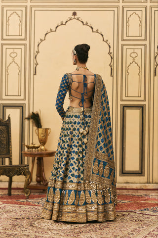 Lehenga Set for Indian Wedding - Blue Polki Bandhani Lehenga Set by Itrh at Mrs. G