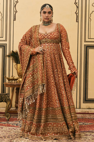 Anarkali Set for Indian Wedding - Orange Polki Bandhani Anarkali Set by Itrh at Mrs. G