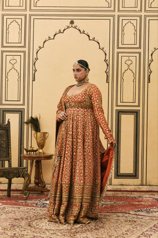 Anarkali Set for Indian Wedding - Orange Polki Bandhani Anarkali Set by Itrh at Mrs. G