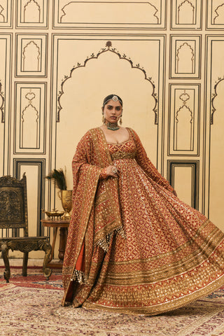 Anarkali Set for Indian Wedding - Orange Polki Bandhani Anarkali Set by Itrh at Mrs. G