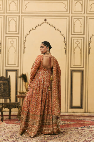 Anarkali Set for Indian Wedding - Orange Polki Bandhani Anarkali Set by Itrh at Mrs. G